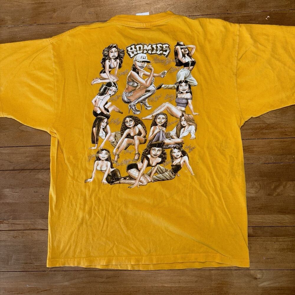 Vintage Homies “Homie Girls” Low Rider Tee L Yellow 1990s Big Print Double Side